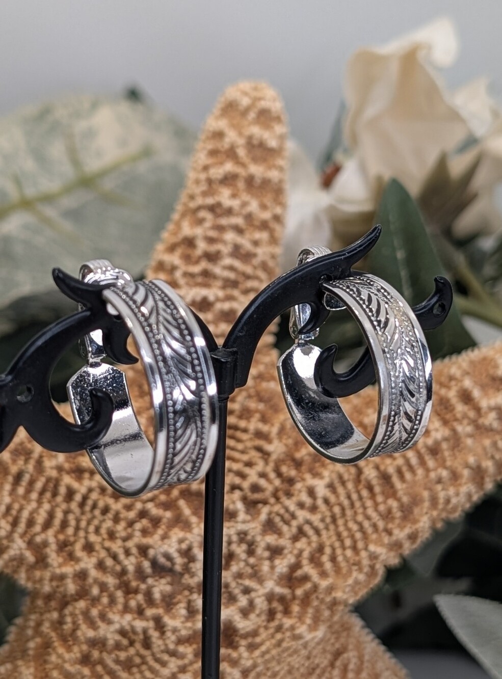 Sarah Coventry "Silvery Fern" Silver Tone Hoop Clip On Earrings